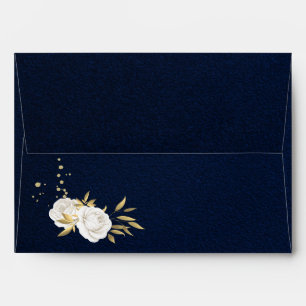 white gold floral navy blue wedding envelope
