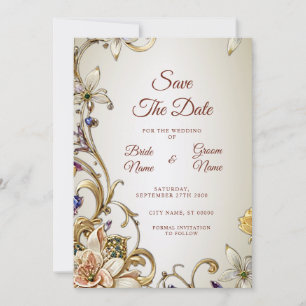 White Gold Floral Save The Date