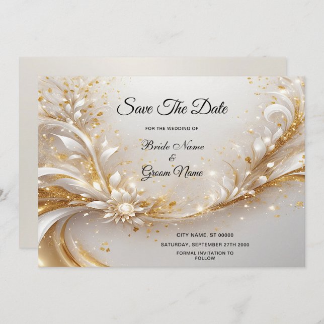 White Gold Floral Save The Date (Front/Back)