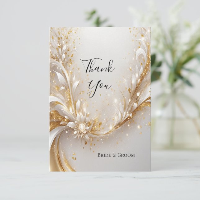 White Gold Floral Thank You Card (Standing Front)