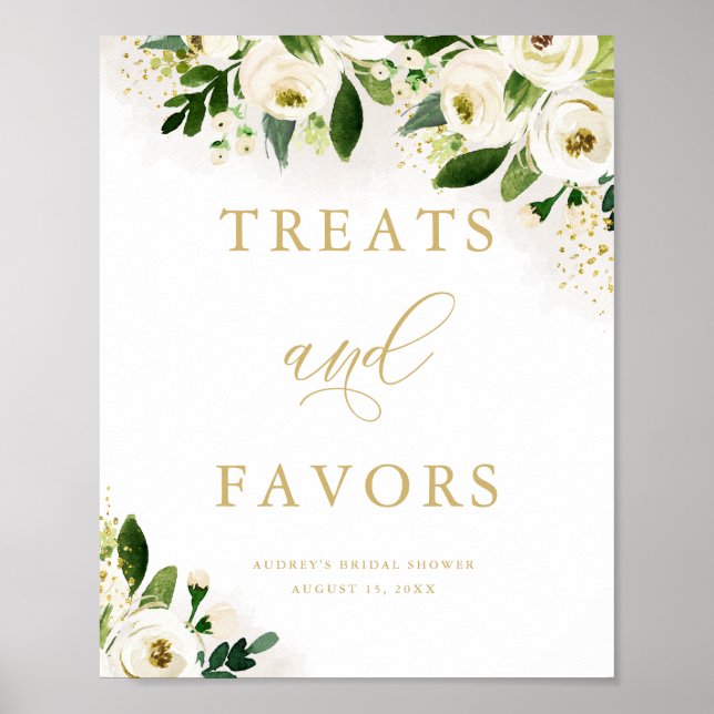 White Gold Floral Treats and Favours Shower Poster (Front)
