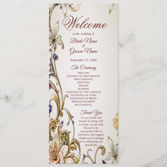 White Gold Floral Wedding Program Programme (Front)