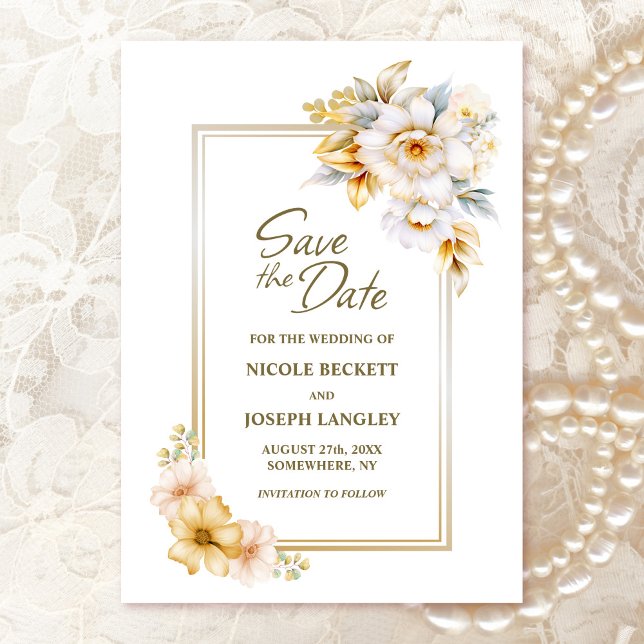 White Gold Floral Wedding Save the Date  (Creator Uploaded)