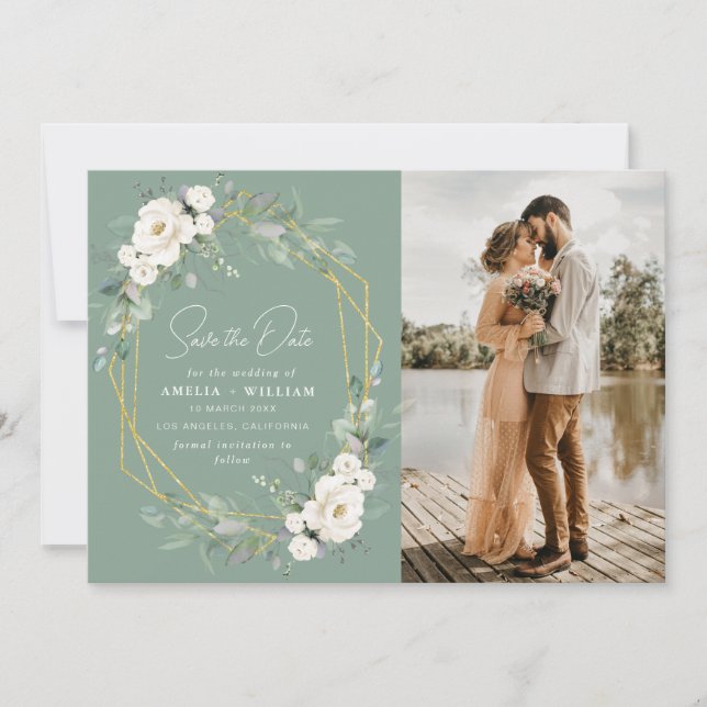 White & gold floral wedding Save the Date (Front)