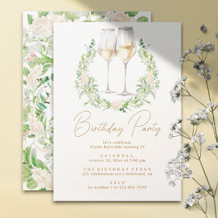 White & Gold   Floral Wine Any Age Adult Birthday Invitation