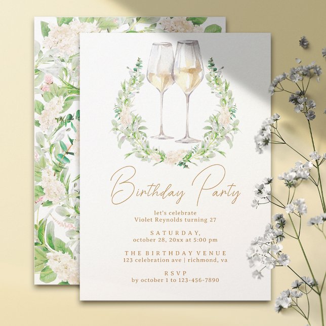 White & Gold | Floral Wine Any Age Adult Birthday Invitation (Creator Uploaded)