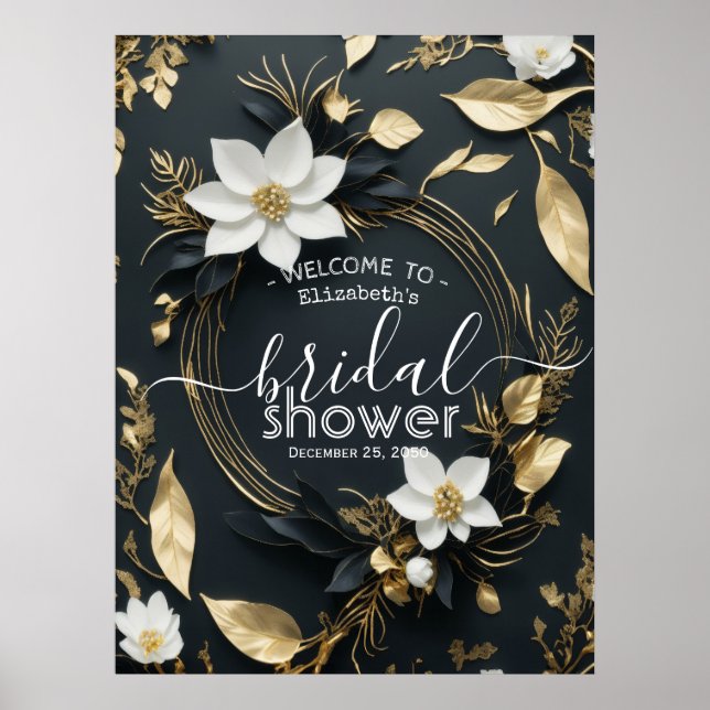 White Gold Floral Wreath Bridal Shower Welcome Poster (Front)