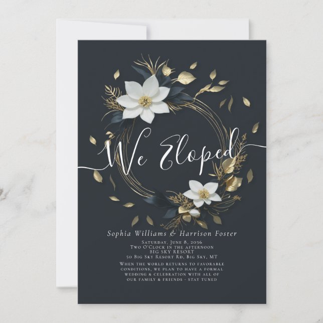 White Gold Floral Wreath Photo Wedding Elopement Invitation (Front)