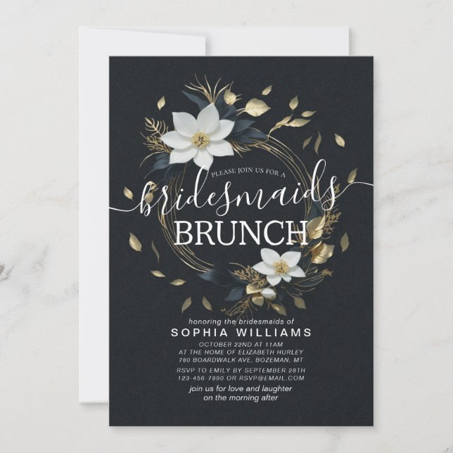 White Gold Floral Wreath Wedding Bridesmaid Brunch Invitation (Front)