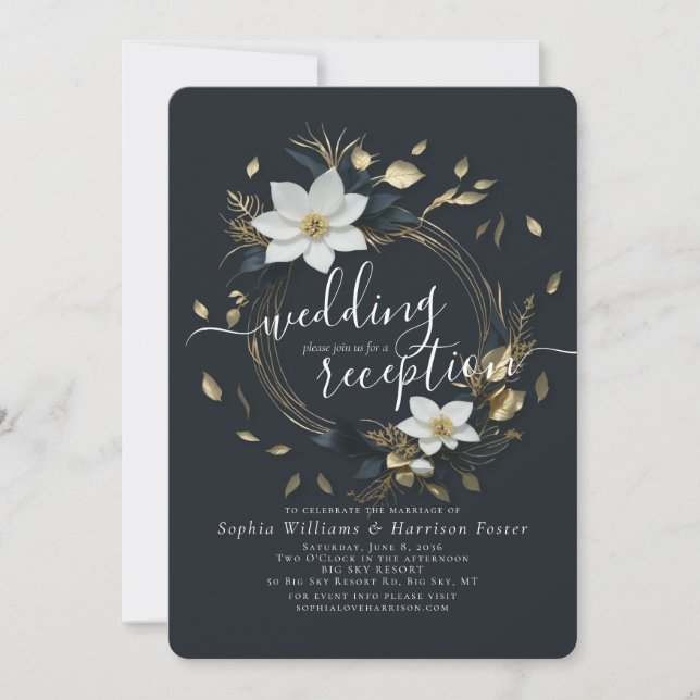 White Gold Floral Wreath Wedding Reception Photo Invitation (Front)