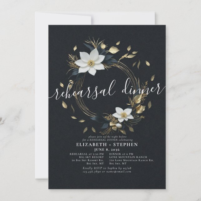 White Gold Floral Wreath Wedding Rehearsal Dinner Invitation (Front)