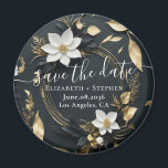 White Gold Floral Wreath Wedding Save The Date Magnet<br><div class="desc">Modern Vintage Elegant Wedding Save The Date Magnet Template - Elegant Black White and Gold Floral Wreath.
These Designs Can Be Personalised For Your Special Occasion And Would Be Perfect For Your Wedding,  Bridal Shower,  Engagement Party,  Birthday Party And Many More Special Occasions.</div>