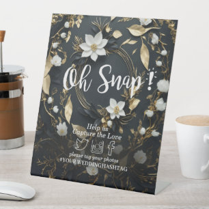 White Gold Floral Wreath Wedding Snap Hashtag Sign