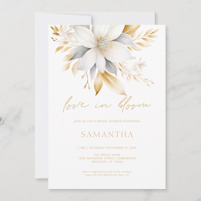 White Gold Florals Love In Bloom Bridal Shower  Invitation (Front)