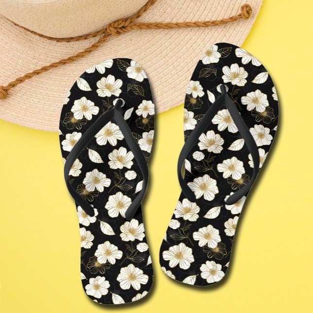 White Gold Flowers Black Jandals (White Gold Flowers Black Flip Flops)