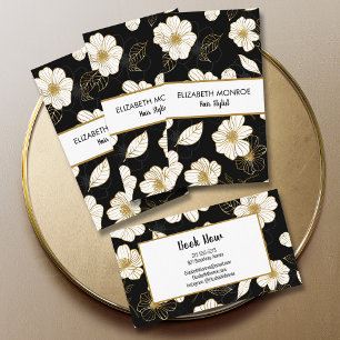 White Gold Flowers Black Salon Hair Stylist Business Card