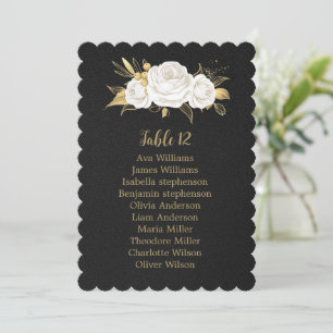 white gold flowers black seating chart card