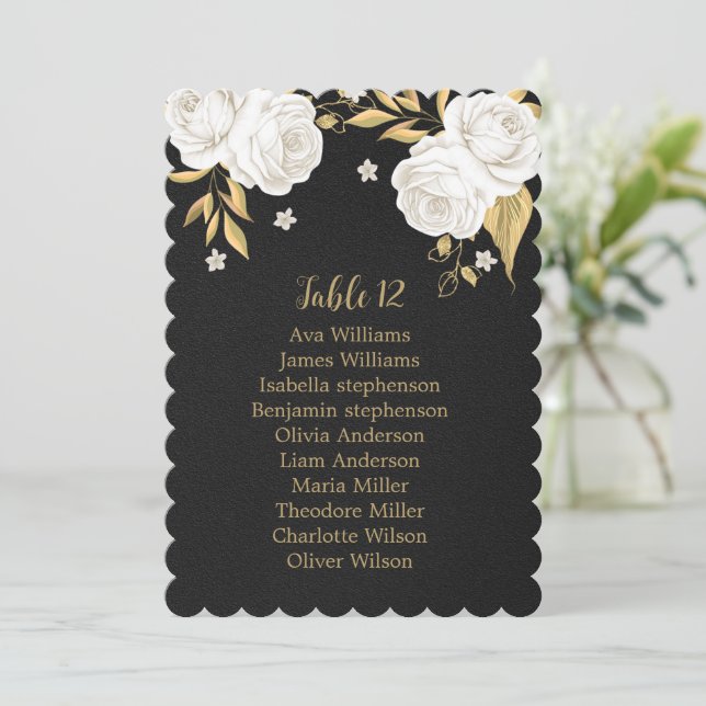 white gold flowers black seating chart card (Standing Front)