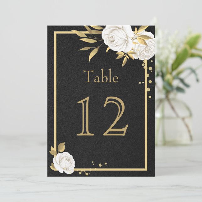 white gold flowers geometric black table number (Standing Front)