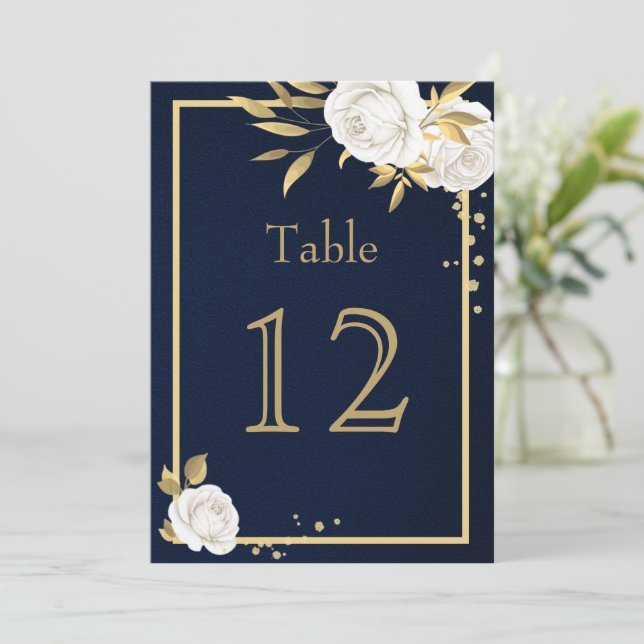 white gold flowers geometric navy table number (Standing Front)