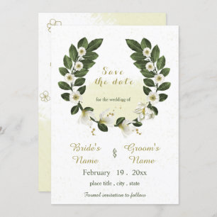 white & gold flowers greenery wreath save the date invitation