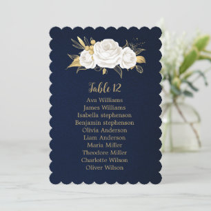 white gold flowers navy blue seating chart card