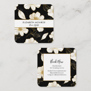 White Gold Flowers on Black Salon Hair Stylist Square Business Card