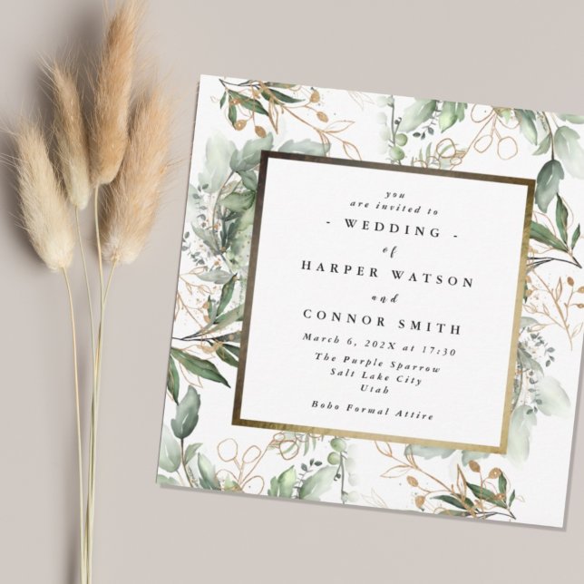 White Gold Foil Frame | Boho Botanical Eucalyptus Invitation (Creator Uploaded)