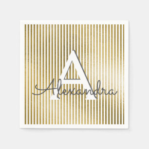 White & Gold Foil Striped Monogram Birthday Napkin