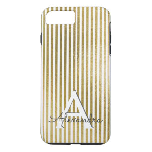 White & Gold Foil Striped Monogram & Initial iPhone 8 Plus/7 Plus Case