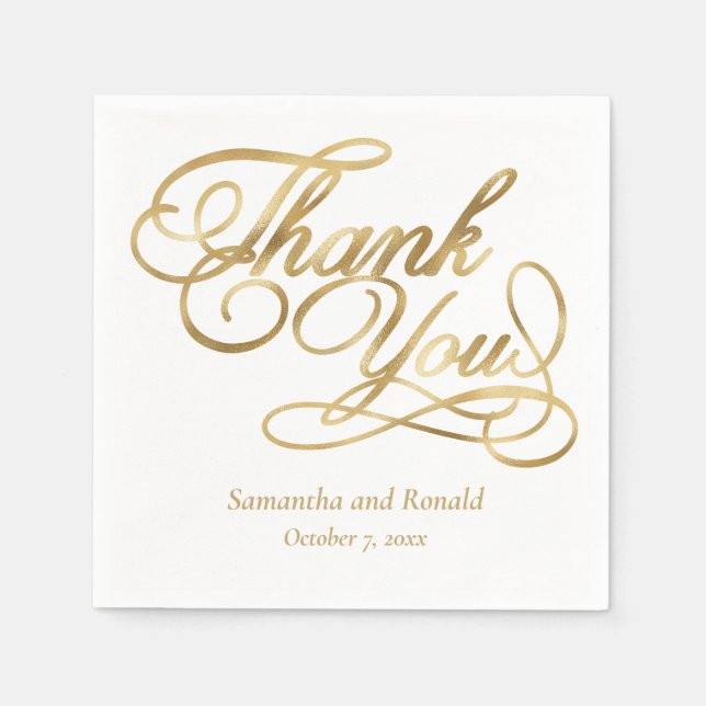 White & Gold Foil Thank You Calligraphy Wedding Napkin (Front)