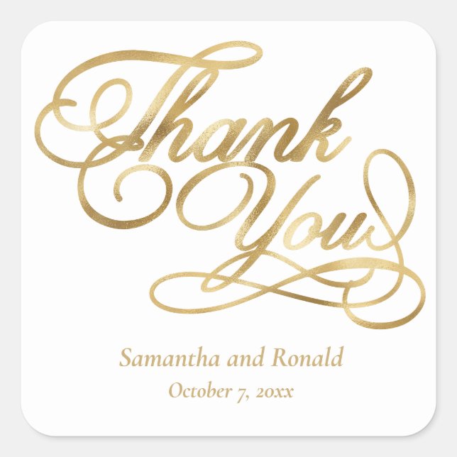 White & Gold Foil Thank You Calligraphy Wedding Square Sticker (Front)
