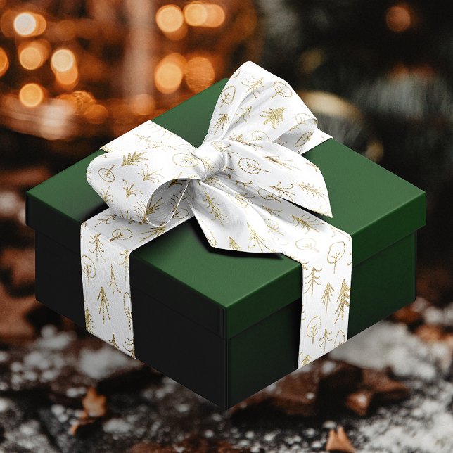 White Gold Foil Winter Xmas Scene Trees Snow Satin Ribbon (Creator Uploaded)