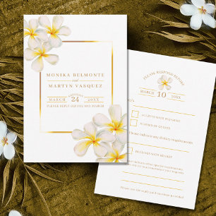 White gold Frangipani flowers wedding RSVP Card