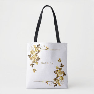 White Gold Geometric Elegant Floral Tote Bag