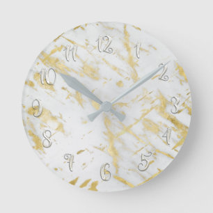 White & Gold Glam Marble Modern Personalised Round Clock