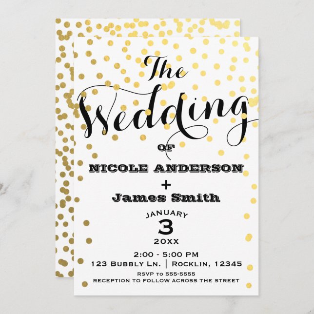 White & Gold Glamour Confetti Foil WEDDING Invitation (Front/Back)