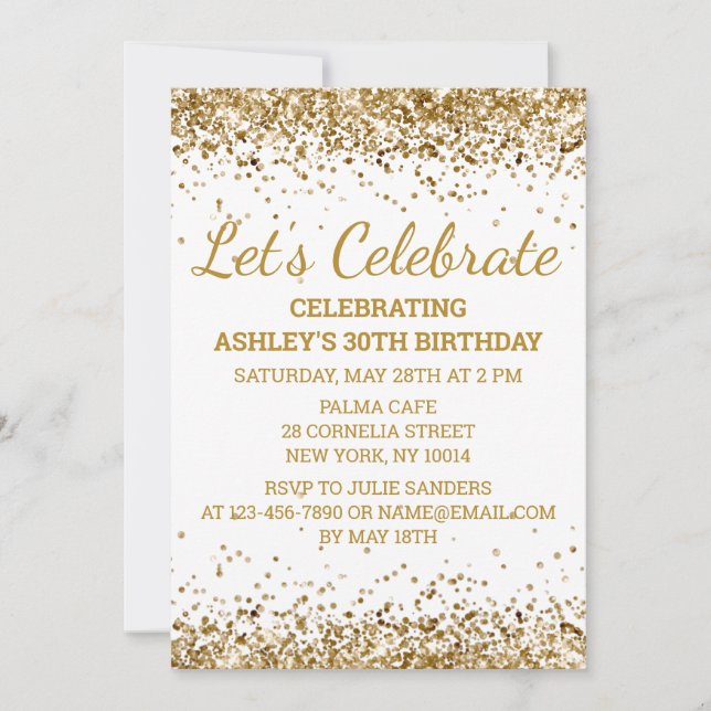 White & Gold Glitter 30th Birthday Let's Celebrate Invitation (Front)