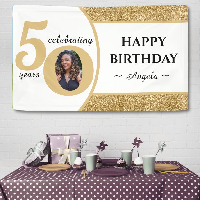 White & Gold Glitter 50 Fifty Years 50th Birthday Banner (white & gold glitter 50th birthday party banner with photo)