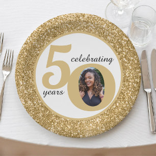 White & Gold Glitter 50 Fifty Years 50th Birthday Paper Plate