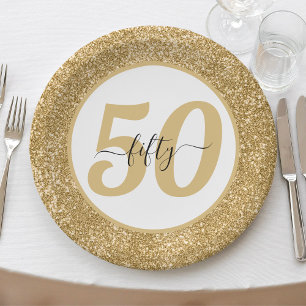 White & Gold Glitter 50 Fifty Years 50th Birthday Paper Plate