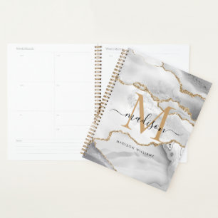 White Gold Glitter Agate Marble Monogram Script Planner