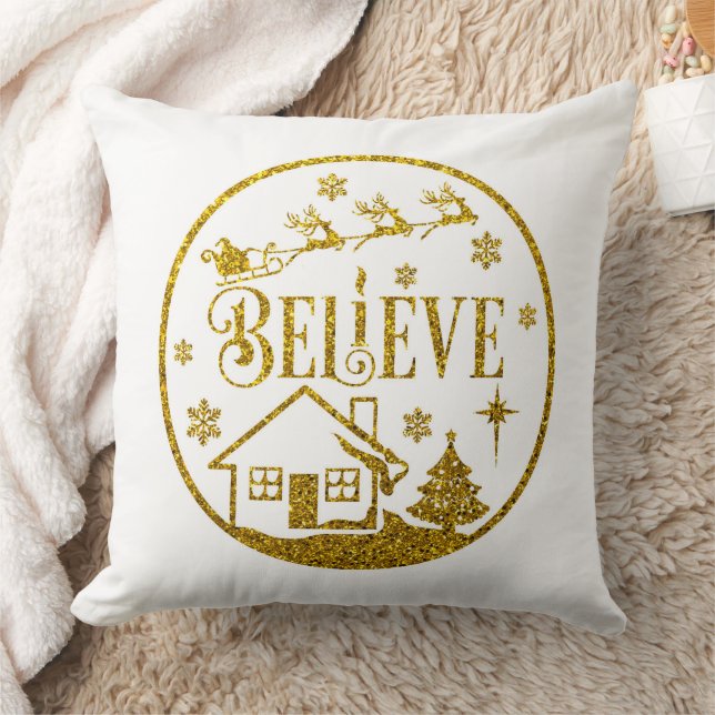 White & Gold Glitter Believe Christmas Decorative Cushion (Blanket)