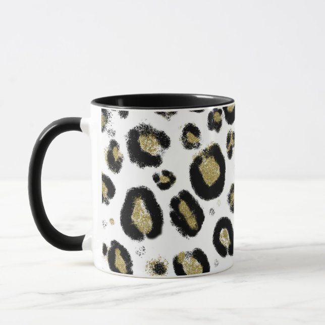 White Gold Glitter & Black Leopard Cheetah Print Mug (Left)