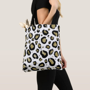 White Gold Glitter & Black Leopard Cheetah Print Tote Bag
