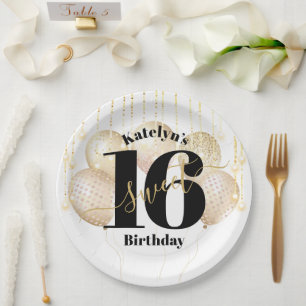 White Gold Glitter Bold Sweet 16 Birthday Balloons Paper Plate
