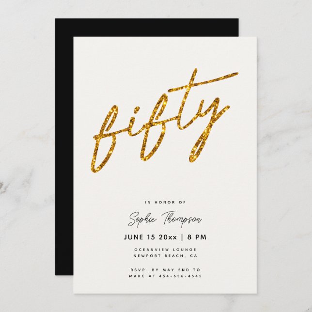 White Gold Glitter Calligraphy Elegant 50 Birthday Invitation (Front/Back)