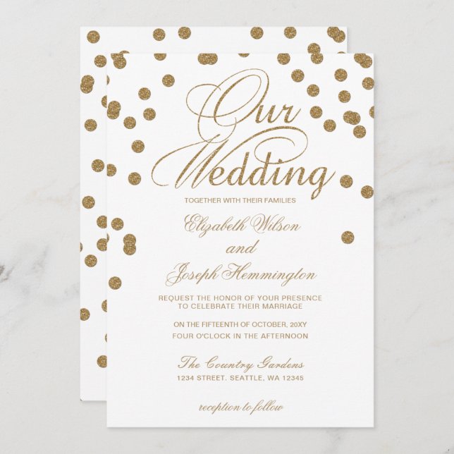 White Gold Glitter Confetti Elegant Wedding Invitation (Front/Back)