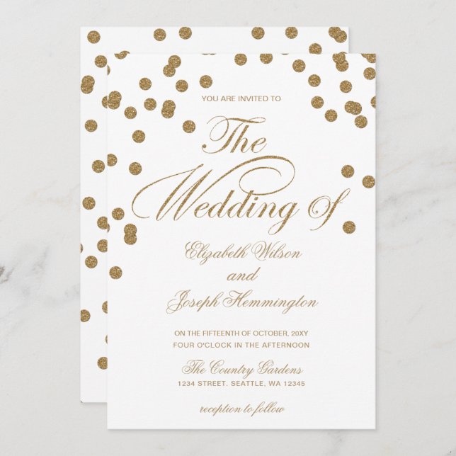 White Gold Glitter Confetti Elegant Wedding Invitation (Front/Back)