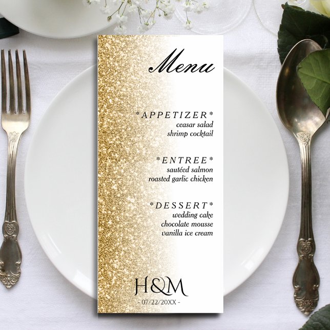 White & Gold Glitter Dinner Wedding Reception Menu (white and gold glitter ombre wedding menu)